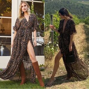 Sabina Musayev Brook Maxi Brown Dress Sheer Floral Size M